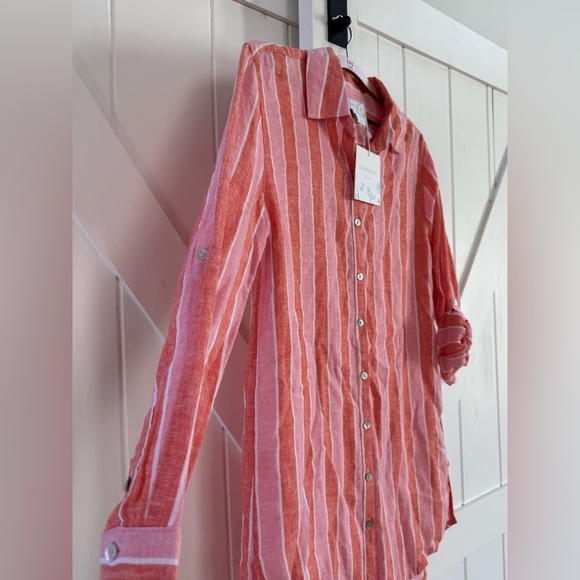 Cynthia Rowley Linen Striped Coral/Pink Button Down Tunic Cover-up Dress - Picture 6 of 6